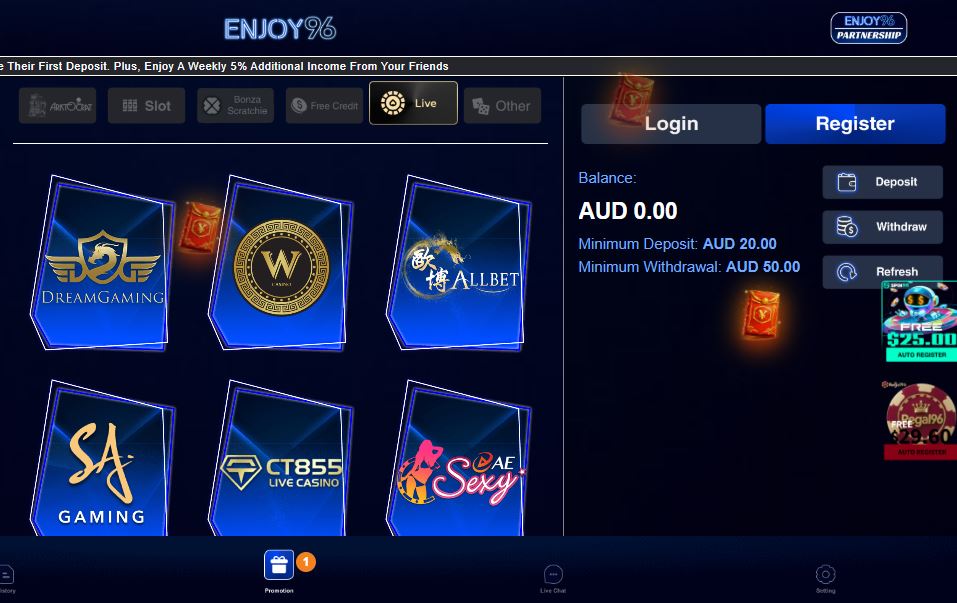 Join live dealer tables at Enjoy96 with real croupiers